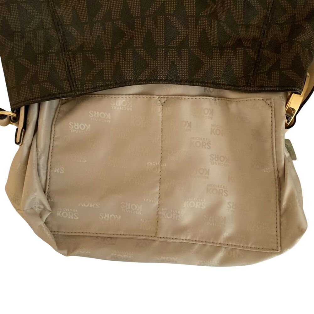 Michael Kors Brown Monogram Crossbody Bag with Gold MK Logo Ring Accent - Picture 14 of 14